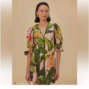Farm Rio Pink Banana Leaves V Neck Mini Dress Size Small NWT